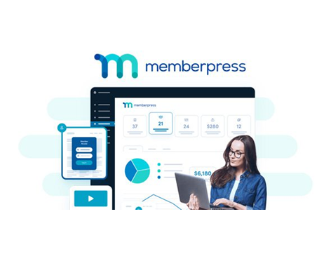 A woman holds a laptop next to a smartphone and a tablet displaying MemberPress user analytics and statistics on a vibrant background.