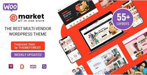 Promotional graphic for eMarket WordPress theme showing the website on various device screens. Includes text: '55+ layouts,' 'Weekly updated,' and 'Featured item by ThemeForest.' The design is vibrant with a red and white background, appealing to digital market enthusiasts