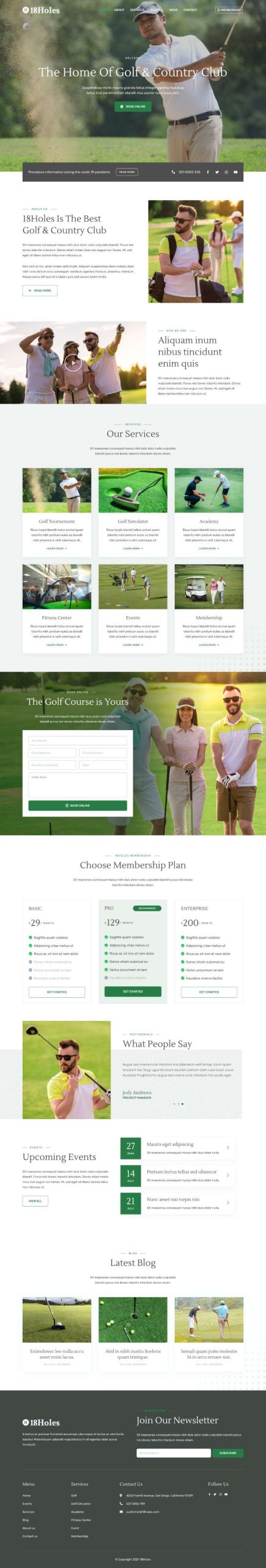 18holes golf country club website elementor template homepage