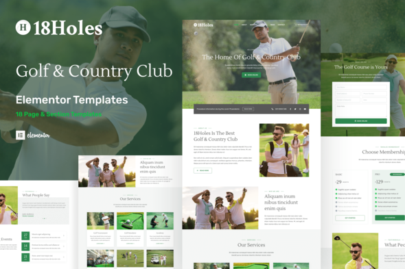 18holes golf country club website elementor template kit card image