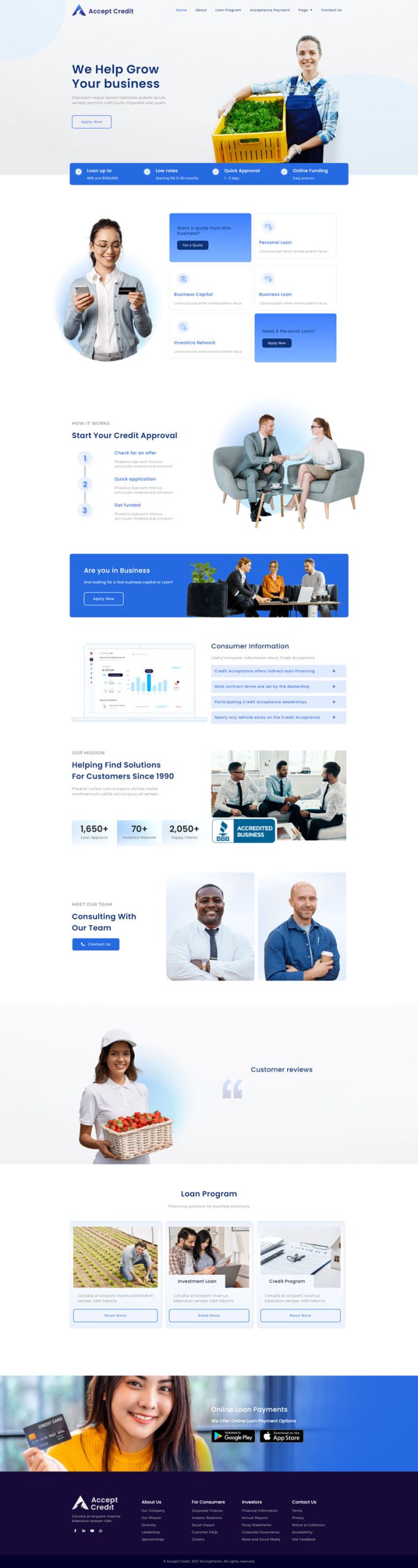 accept credit financial services elementor template kit homepage