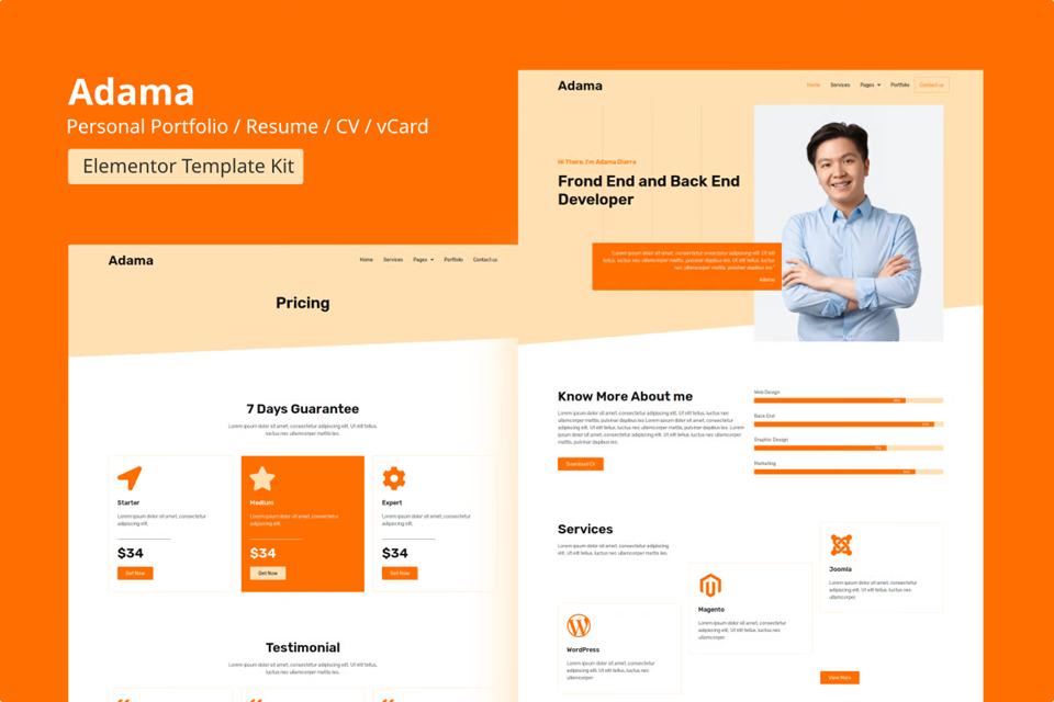 adama personal portfolio resume elementor template kit card image
